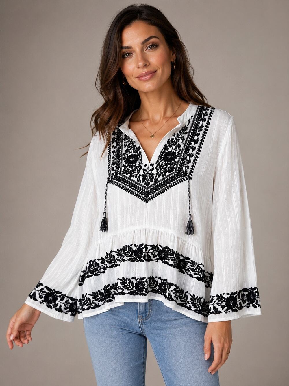 Brora Embroidered Cotton Boho Peasant Blouse UK 14 US 10 White Black Tassel Top